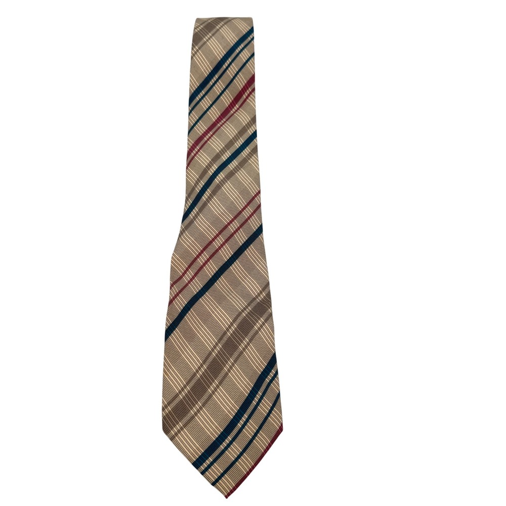 Vintage Yves Saint‎ Laurent YSL Mens Silk Tie Striped Tan Navy Burgundy Italy
